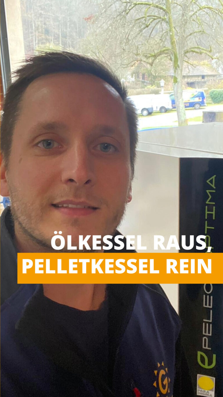 Ein Bild von Chris Günther mit der Überschrift "Ölheizung raus, Pelletkessel rein"